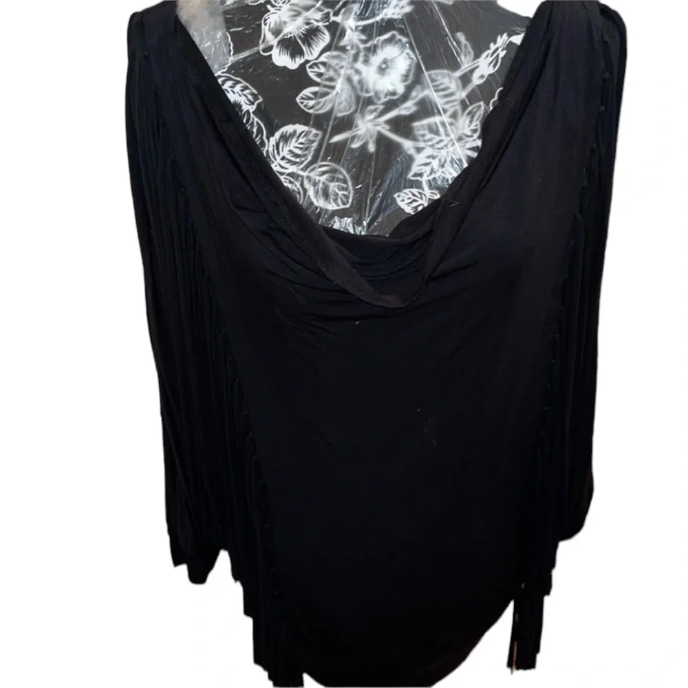 Micheal Kors size large black 3/4 sleeve fringe top ,draped neckline  banded hem
